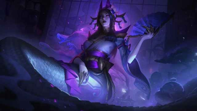 Cassiopeia sitting, surrounded by a purple smoke in the shape of snakes.