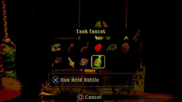 Using the Acid Bottle on the Tank Faucet in the underground sector of Crow Country