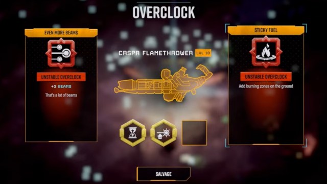 Two Flamethrower Overclock options in Deep Rock Galactic Survivor.