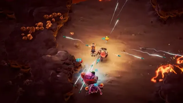 A Scout Dwarf tries to kill a Huuli Hoarder in Deep Rock Galactic Survivor.