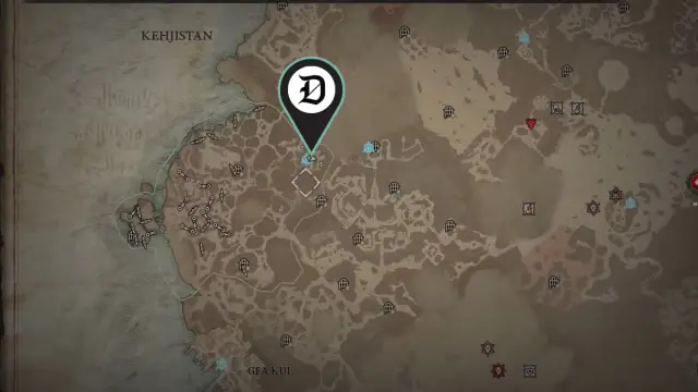 A map marking the location of the Iron Wolves Encampment in Diablo 4.