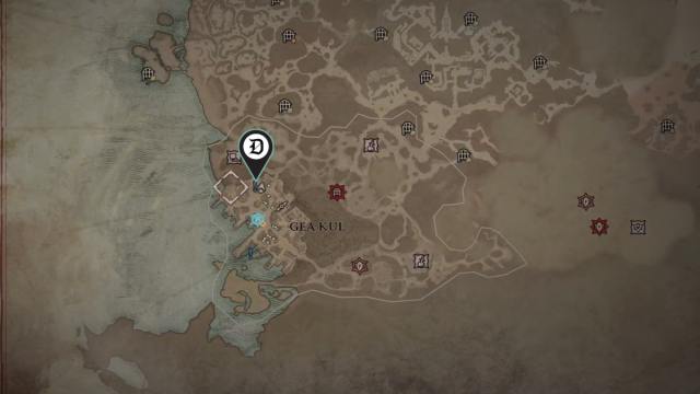 A map in Diablo 4 marking the location of a quest.