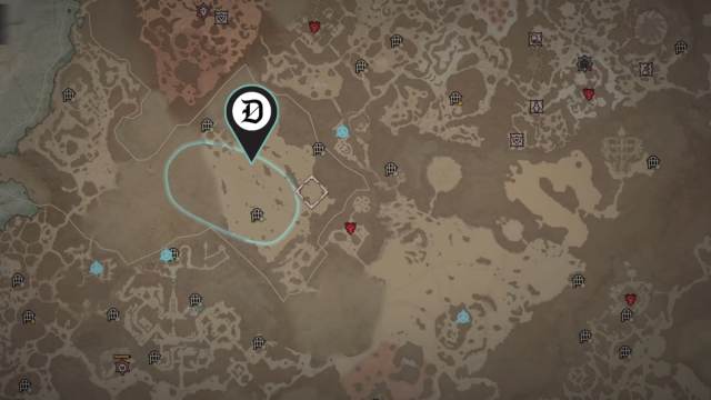 A map in Diablo 4 marking a search area in the Pinch of Poison quest.