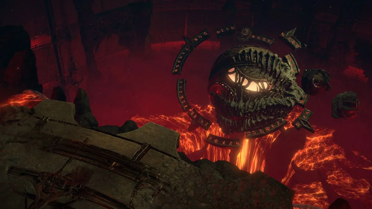 Image of an environment in Diablo 4 which showcases lava flowing underneath a monolithic structure in the air above.