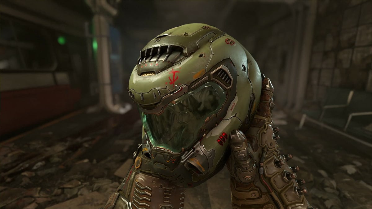 A character holding a helmet in Doom Eternal.
