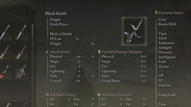 Le poignard Black Knife dans Elden Ring dans l'écran d'inventaire du jeu.