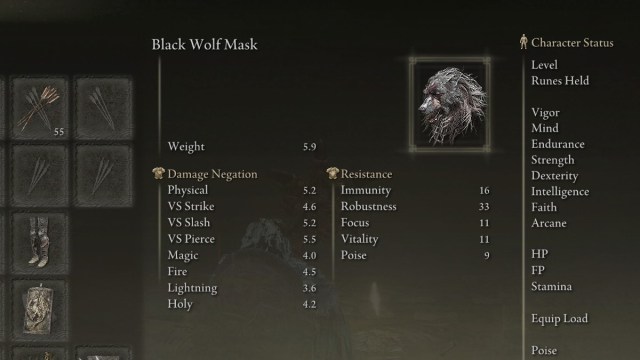 Le masque de loup noir dans Elden Ring, qui fait partie de l'ensemble d'armure Blaidd.