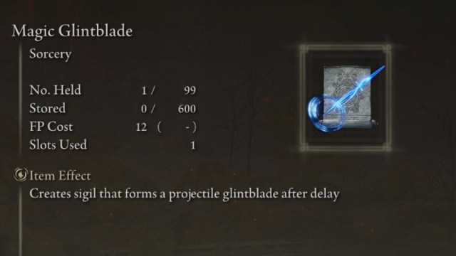 The Magic Glintblade spell in Elden Ring.