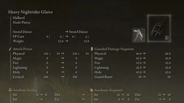 The Nightrider Glaive item in the menus of Elden Ring.