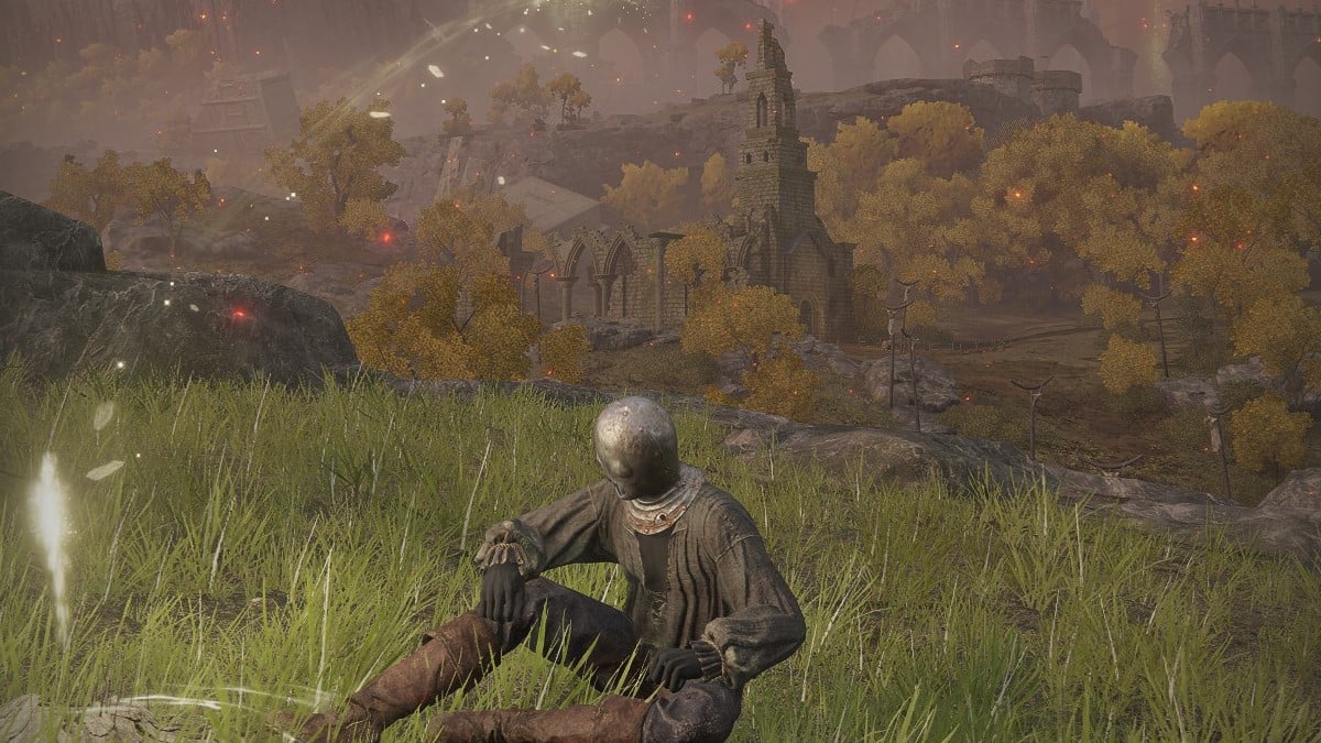 A prisoner sits next to a Site of Grace in Elden Ring.