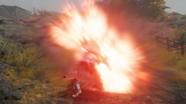 A Pyromancer hurls a barrage of fireballs down a hill in Elden Ring.