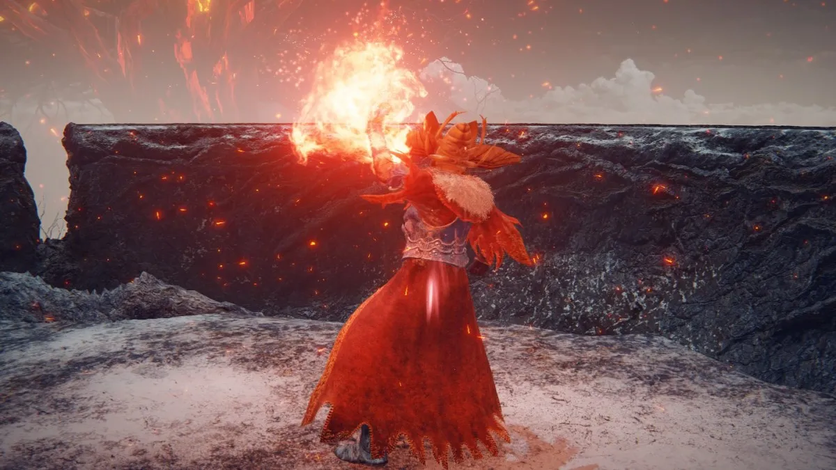 A Pyromancer holds a fireball in Elden Ring.