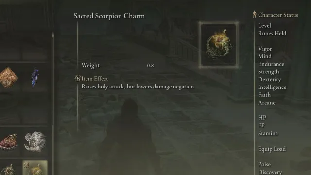 Le charme du scorpion sacré dans Elden Ring dans l'écran d'inventaire du jeu.
