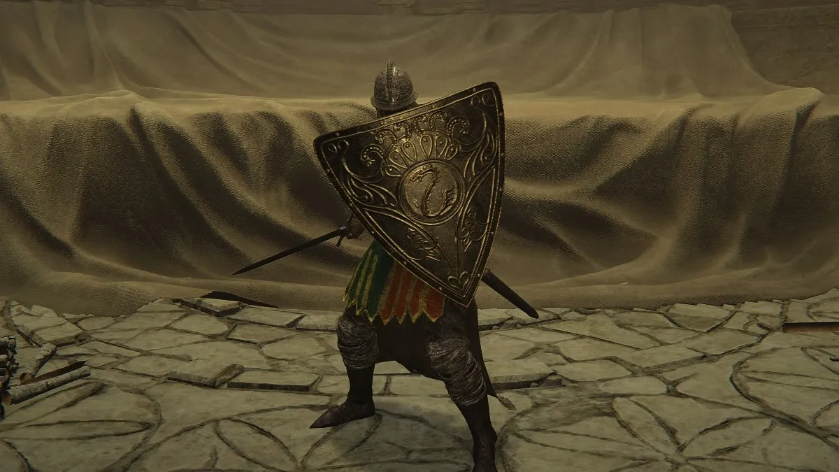 A Tarnished in basic soldier armor holds up their shield in the Queen's Bedchamber of Elden Ring.