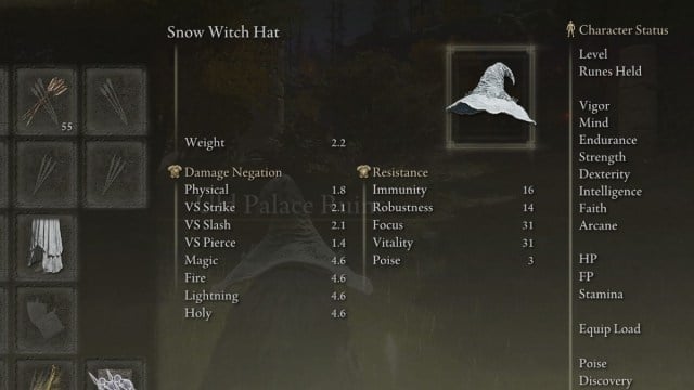 The snow Witch Hat helmet in Elden Ring.