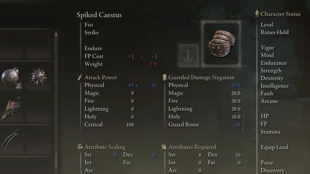 The Spiked Caestus item in the inventory of an Elden Ring character.