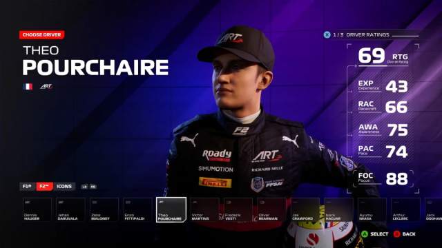 Theo Pourchaire's driver rating screen in F1 24.