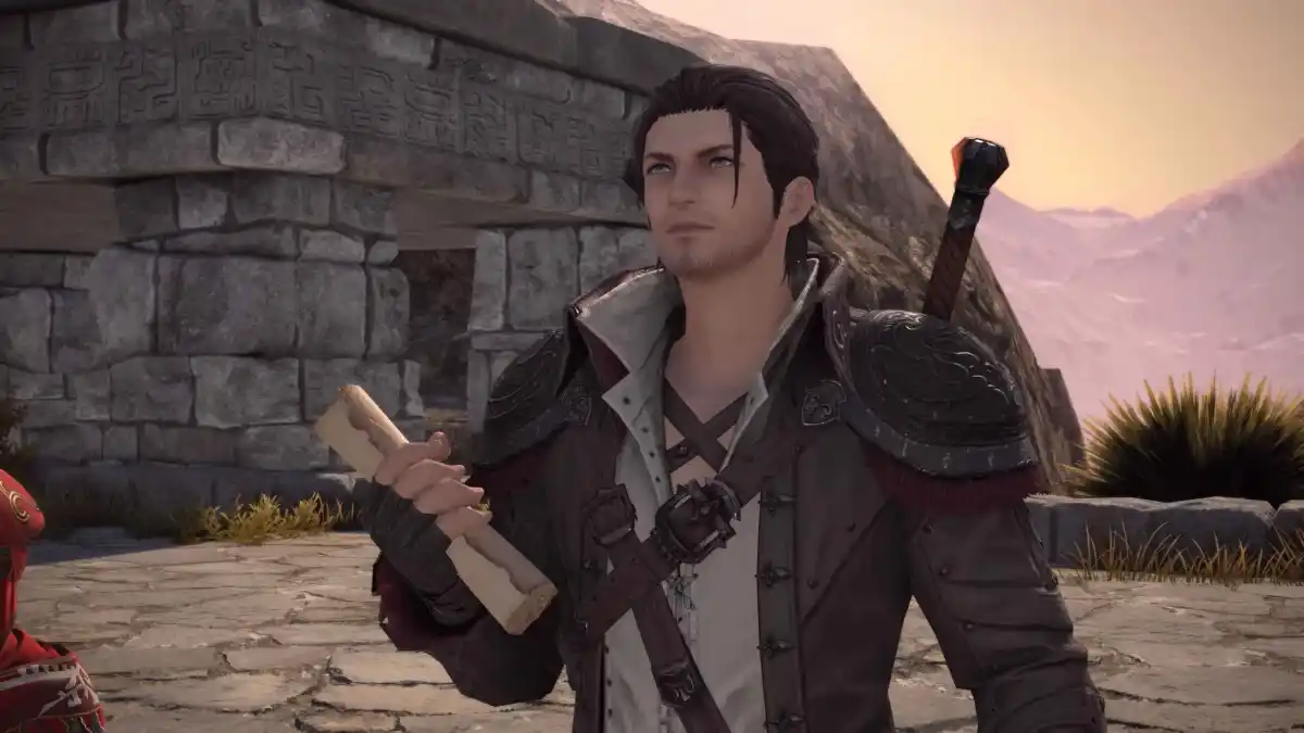 The default male hyur player character of Final Fantasy 14 holds a rolled up map in his hands while wearing the Dawntrail artifact armor for the Viper class.