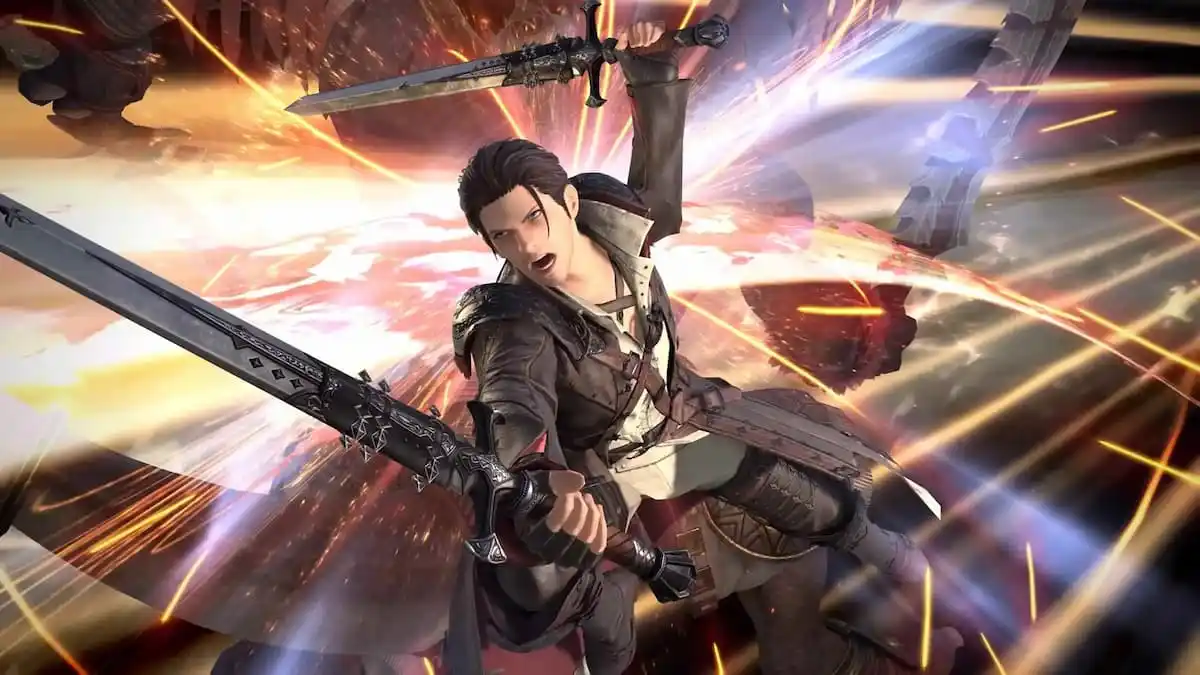 The default male hyur player character of Final Fantasy XIV in the Viper job's artifact armor attacks an enemy with two swords.