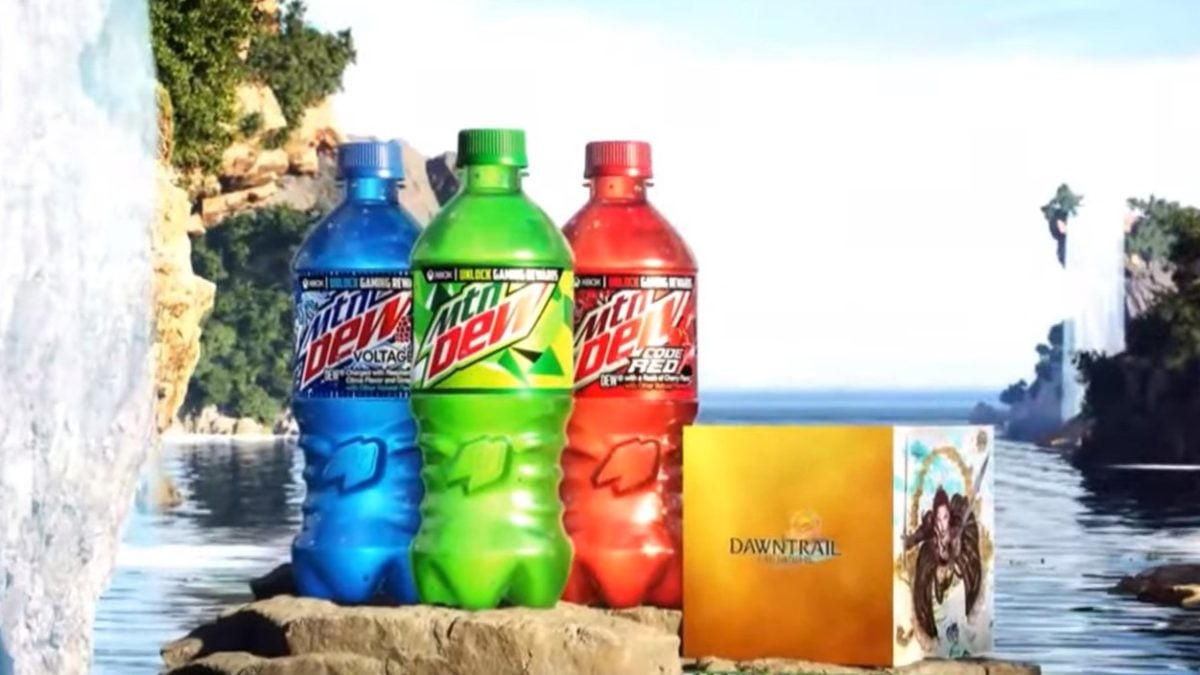 Three bottles of Mountain Dew beverages are posed next to the Collector's Edition box of Final Fantasy 14: Dawntrail.
