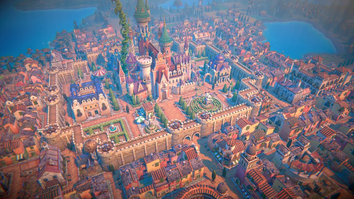 A kingdom in Fabledom, a medieval civilization with tons of buildings off a coast.