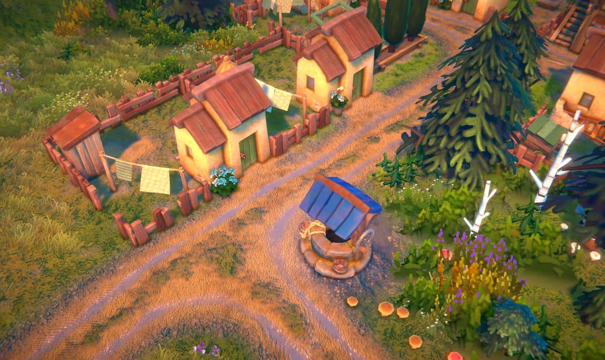 A Well with a blue roof next to a couple of houses in Fabledom.
