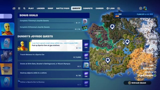 A quest screen in Fortnite for Dummy's Joyride.