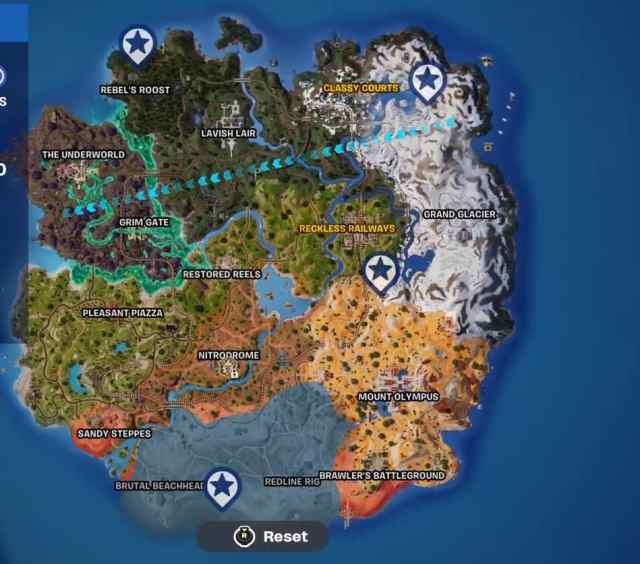 A Fortnite map marking locations where Wastelander Challenges are collected.