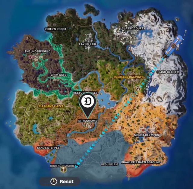 The Fortnite map in chapter five, season three with a location marked.