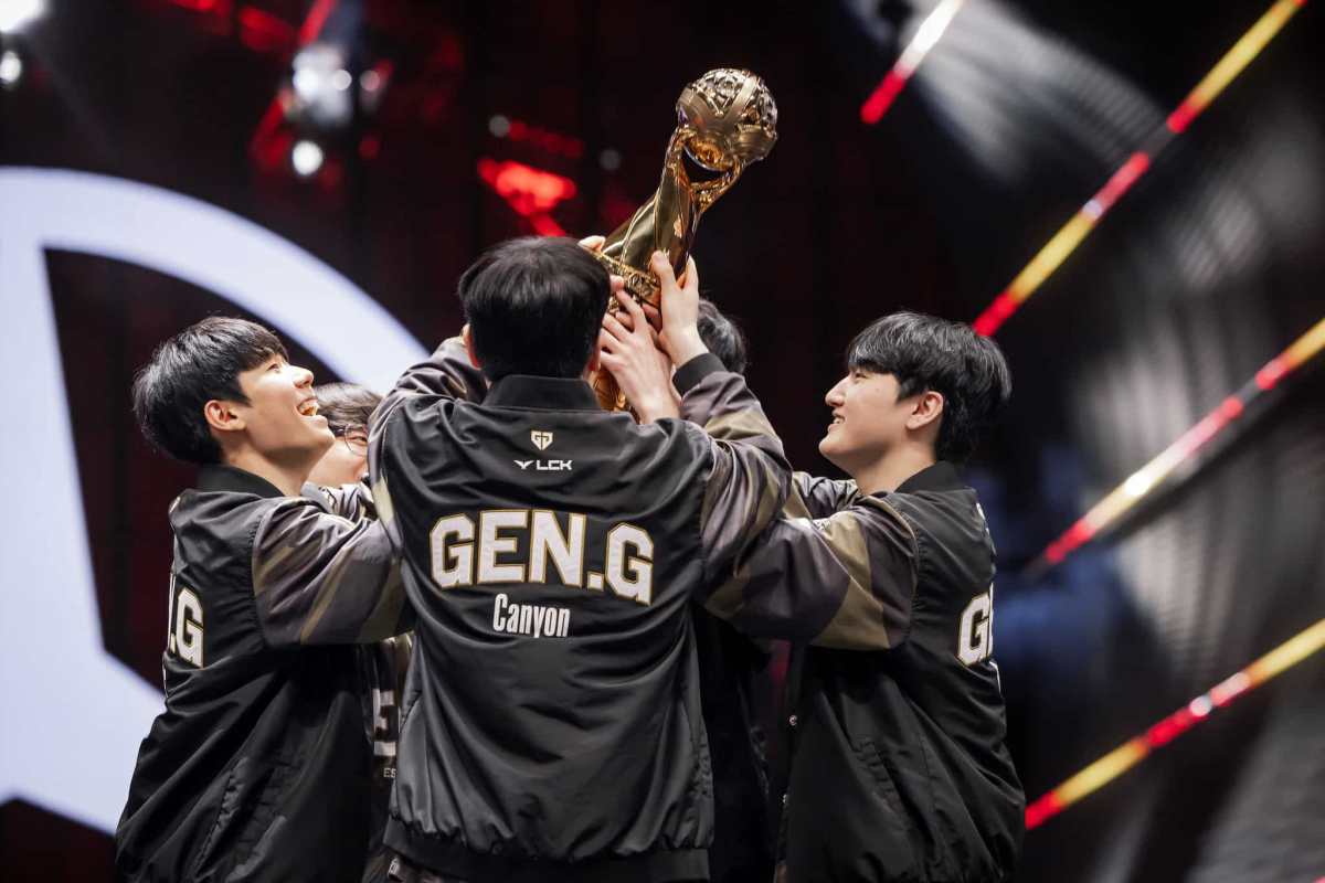 Gen.G Esports are seen on stage with trophy after victory against Bilibili Gaming during Mid-Season Invitational Finals at the Chengdu Financial City Performing Arts Center in Chengdu, China on May 19, 2024. (Photo by Colin Young-Wolff/Riot Games)