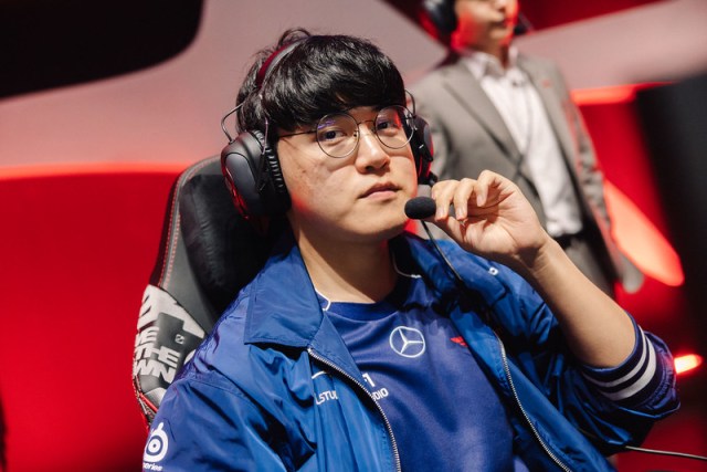 Lee "Gumayusi" Min-hyeong of T1 is seen on stage during MSI Play-Ins
