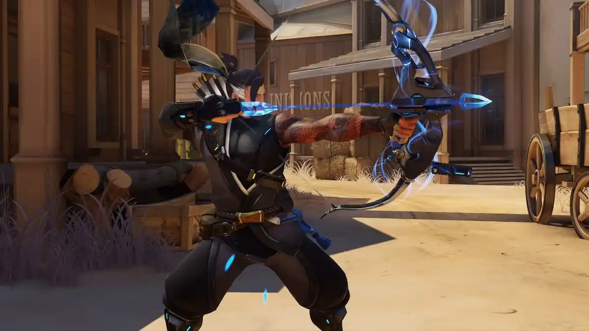Hanzo OW2 on Hollywood, aiming down sights with his bow and arrow
