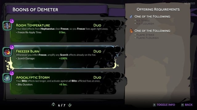 The Freezer Burn Duo Boon in Hades 2, shown in the Book of Shadows menu.