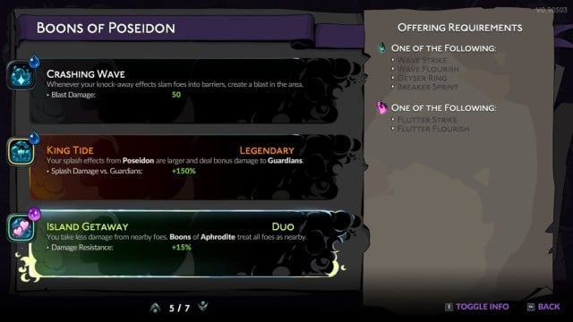 The Island Getaway Duo Boon in Hades 2, shown in the Book of Shadows menu.