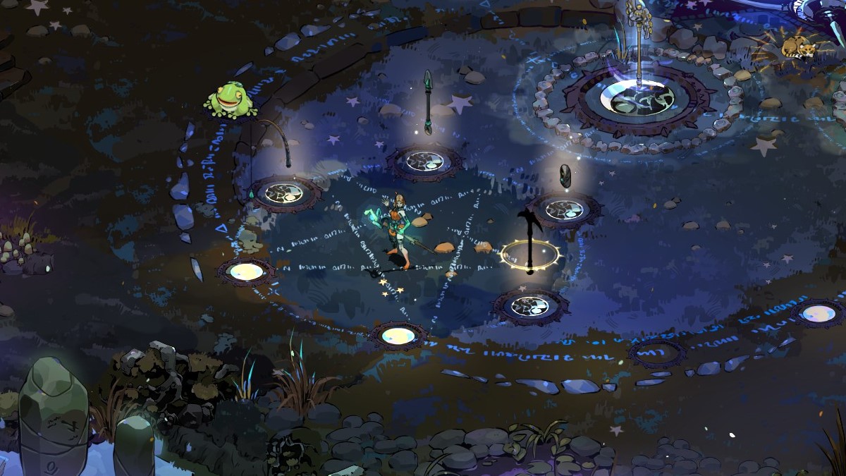 Melinoë stands in the center of her Gathering Tools in Hades 2.