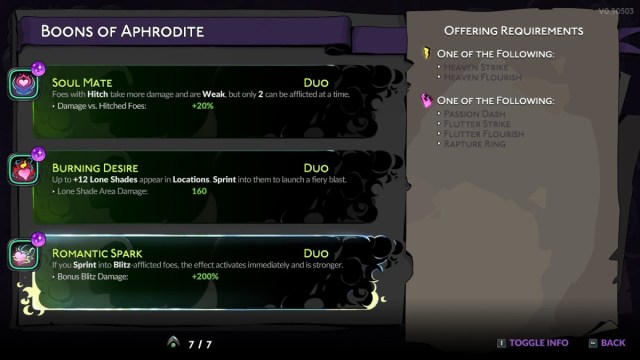 The Romantic Spark Duo Boon in Hades 2, shown in the Book of Shadows menu.