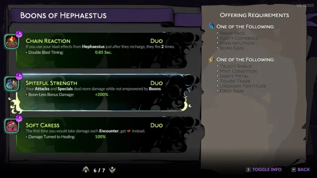 The Spiteful Strength Duo Boon in Hades 2, shown in the Book of Shadows menu.