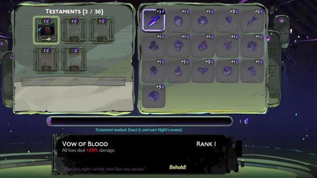 The Testament board in Hades 2, with Hecate's bounty active.