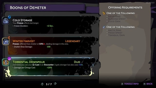 The Torrential Downpour Duo Boon in Hades 2, shown in the Book of Shadows menu.