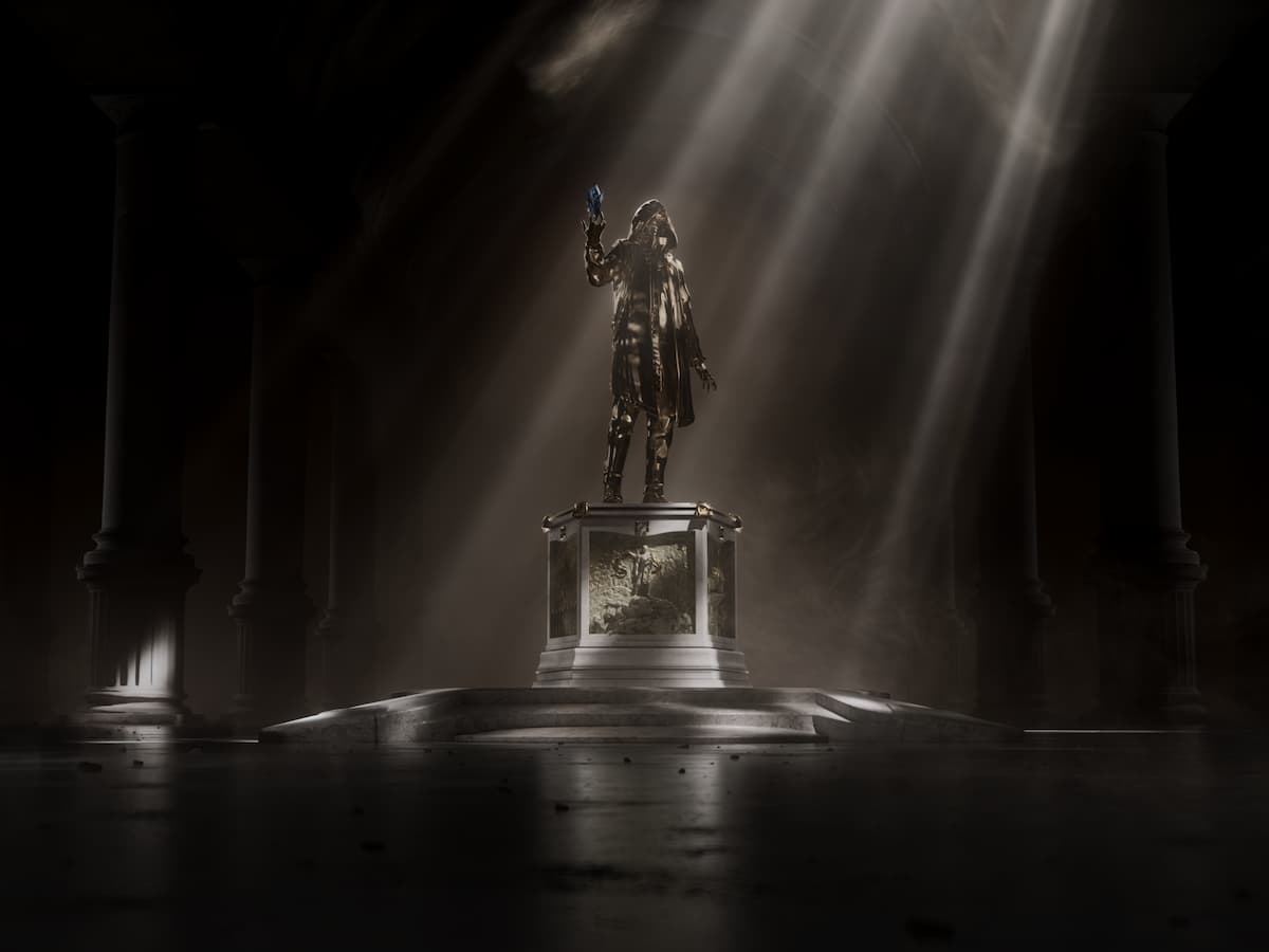 LoL Hall of Legends promotional image, showcasing a statue in a dark room with light beaming down on it.