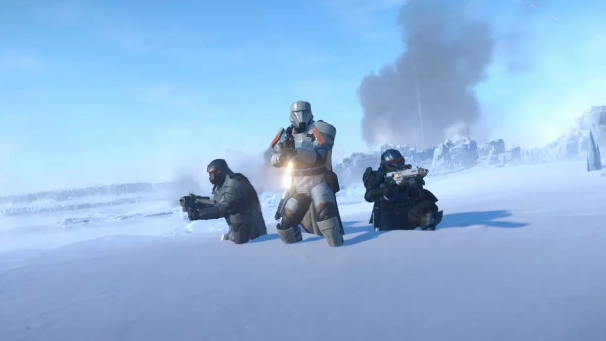 Three Helldivers wearing Polar Patriots armor