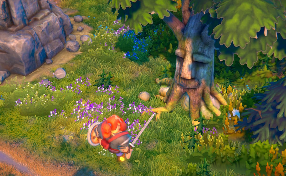 The Hero, an orange-bearded man, in Fabledom stands in front of a tree with a wooden face on its trunk.