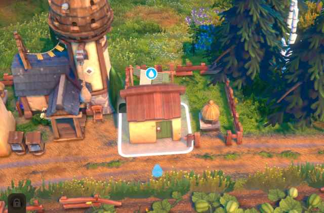 A Homestead in Fabledom, a white house with a red roof, has a blue water droplet icon above its roof.