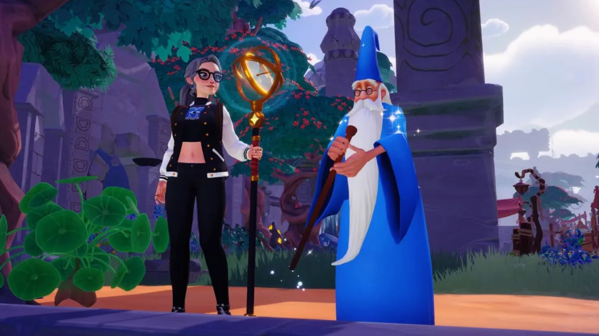 merlin and player standing in ancient's landing dreamlight valley