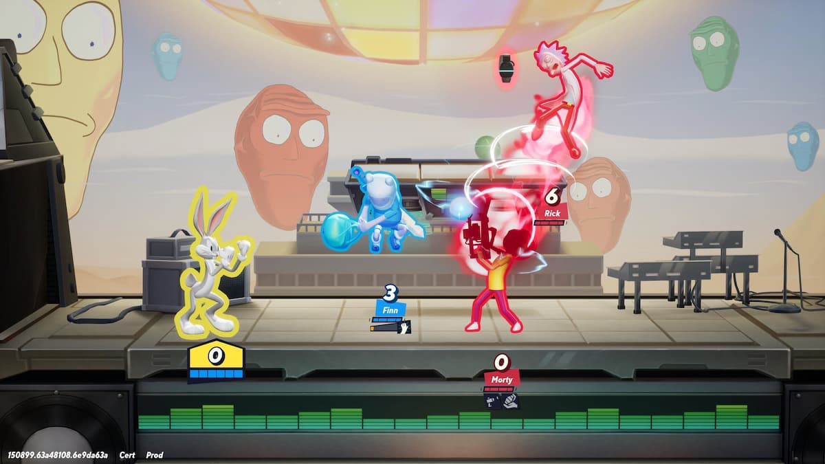 Rick and Morty fighting Bugs Bunny and Finn the Human in MultiVersus.