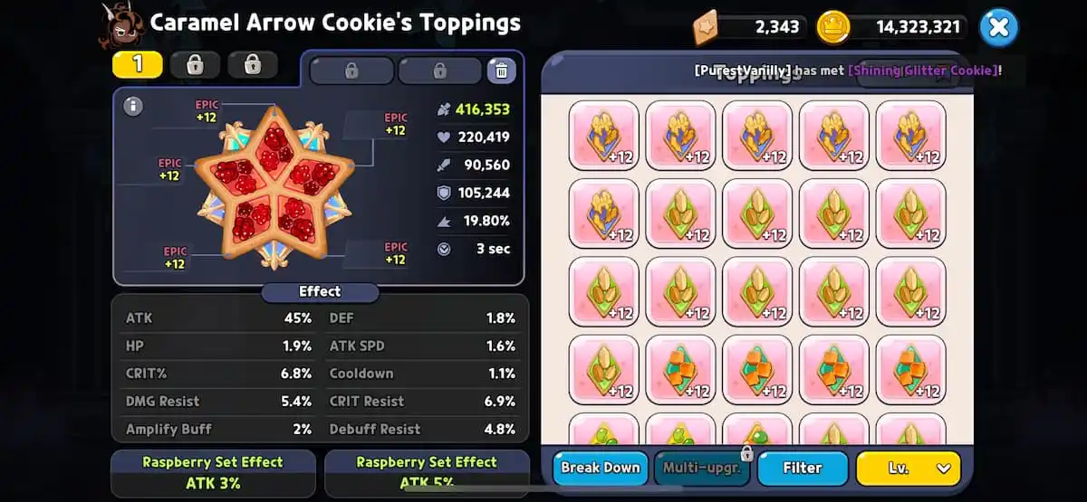 An in game image of Caramel Arrow Cookie's toppings in Cookie Run Kingdom