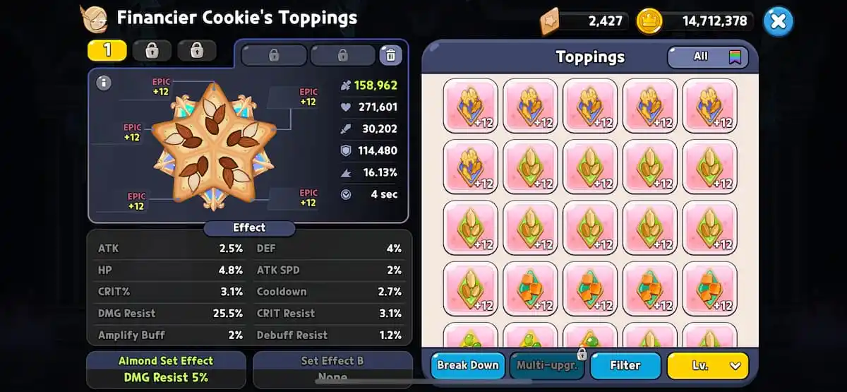 An in game image of Financier Cookie's best toppings from Cookie Run Kingdom