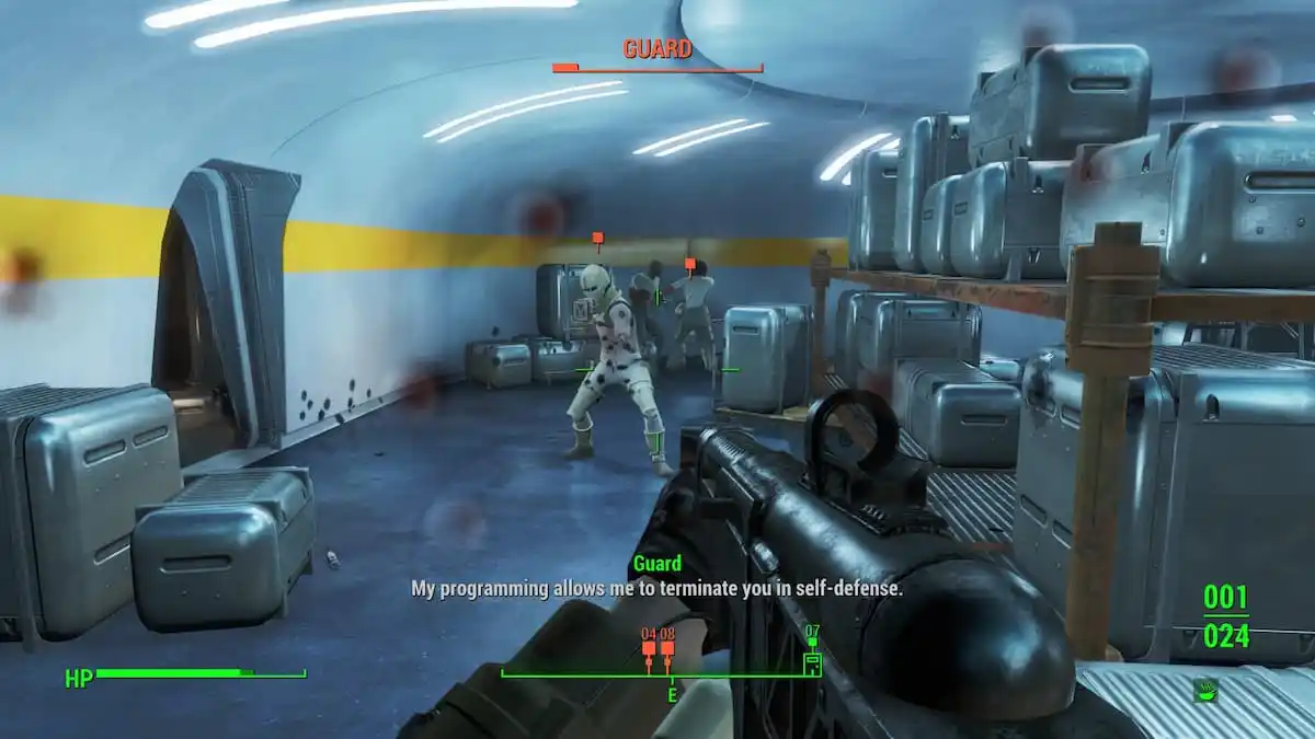 An in game screenshot of the player fighting Synths from Fallout 4.