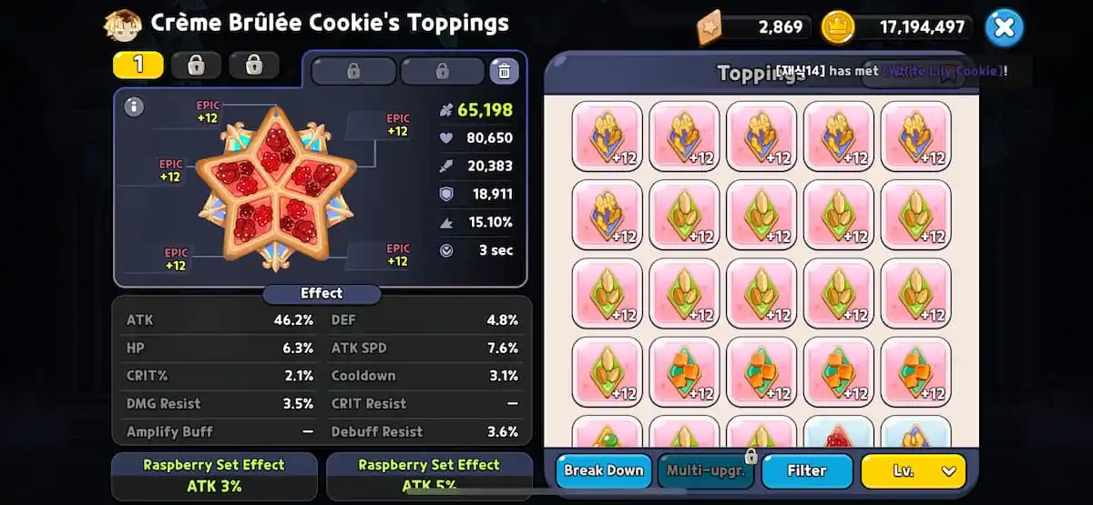 An in game image of Crème Brûlée Cookie's toppings from Cookie Run Kingdom