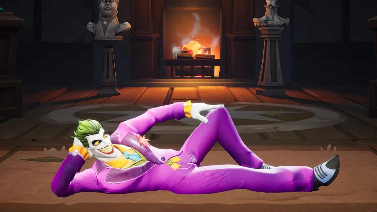Joker posing near a fireplace in MultiVersus.
